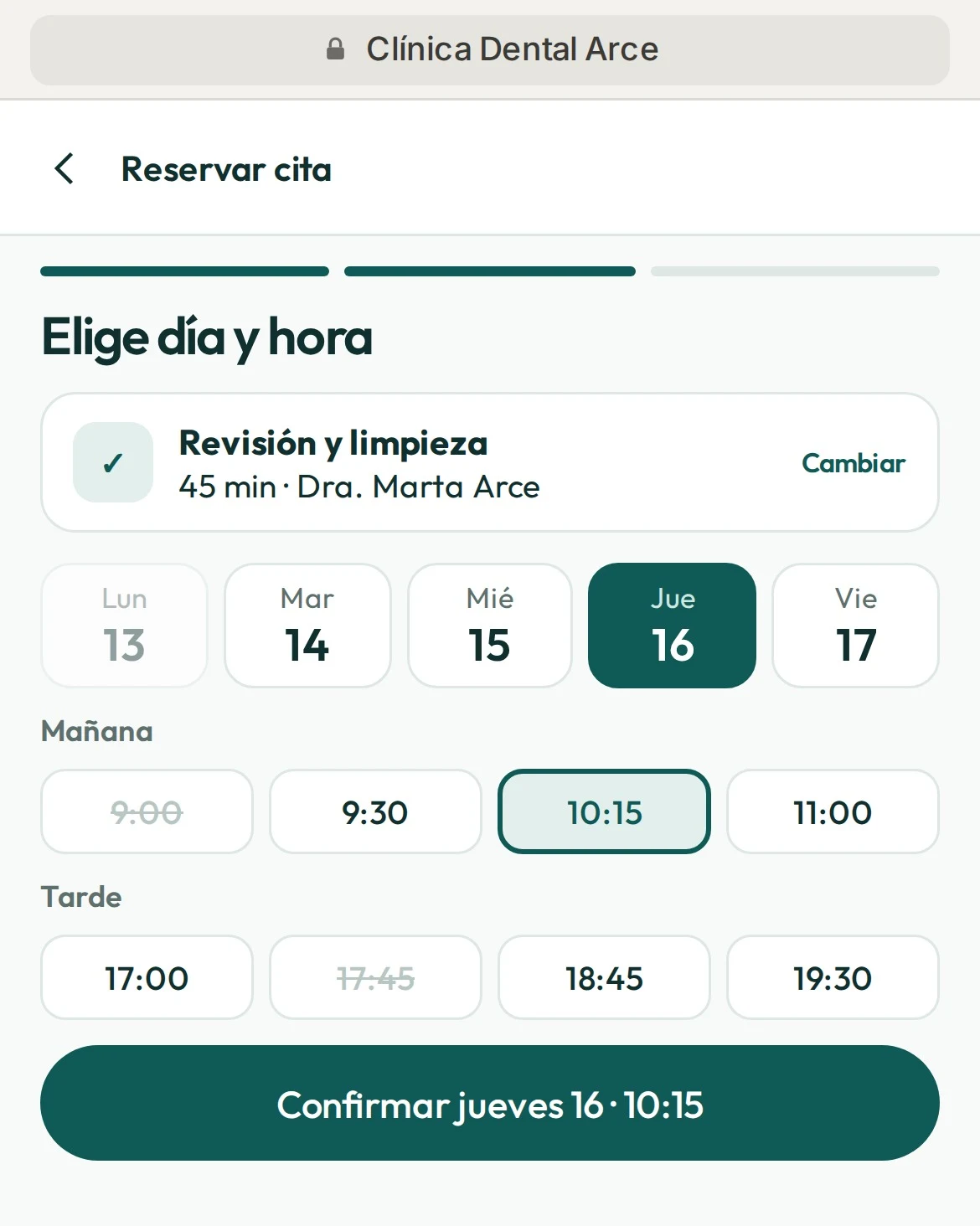 Reserva de cita en el móvil: elegir día y hora en la web de la clínica