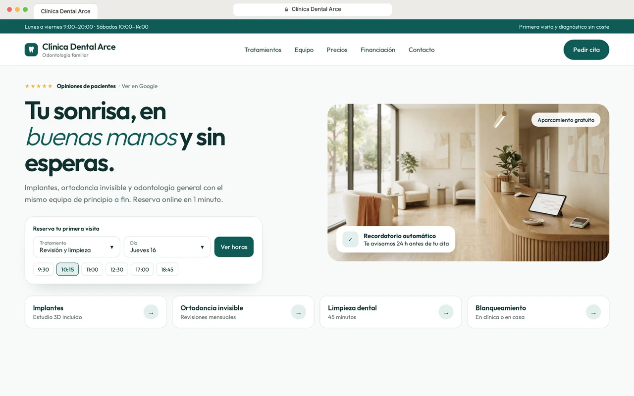 Web de ejemplo para una clínica dental, con reserva de cita online en la portada