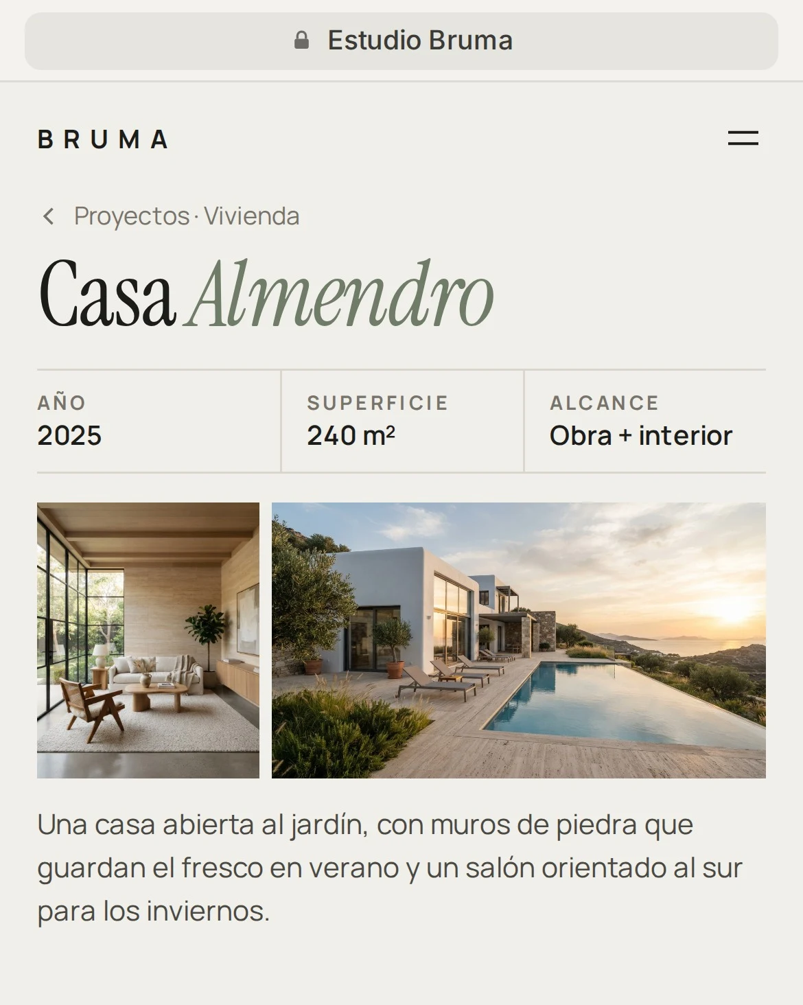 Página de un proyecto de la misma web en el móvil, con datos del proyecto y galería de fotos
