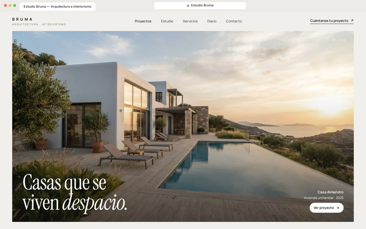 Web corporativa de ejemplo para un estudio de arquitectura, con menú de varias páginas y una gran foto de una casa