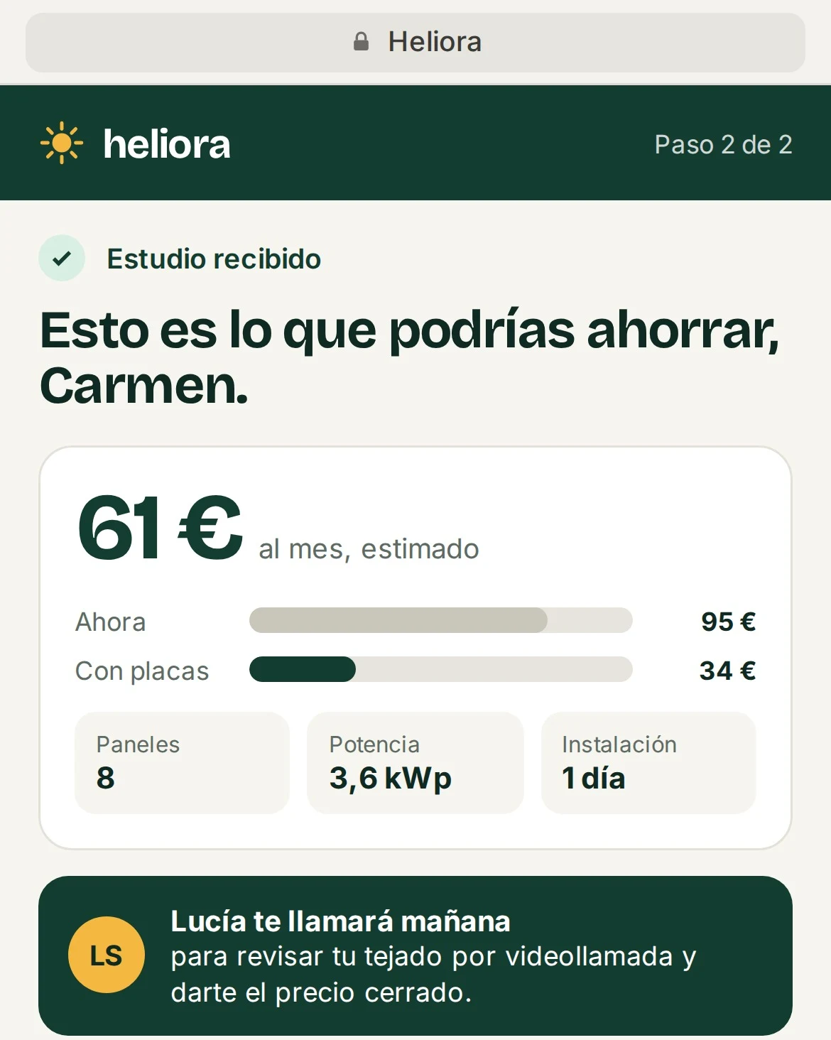 Página de resultado en el móvil de la misma landing: ahorro estimado al mes y aviso de que un técnico llamará