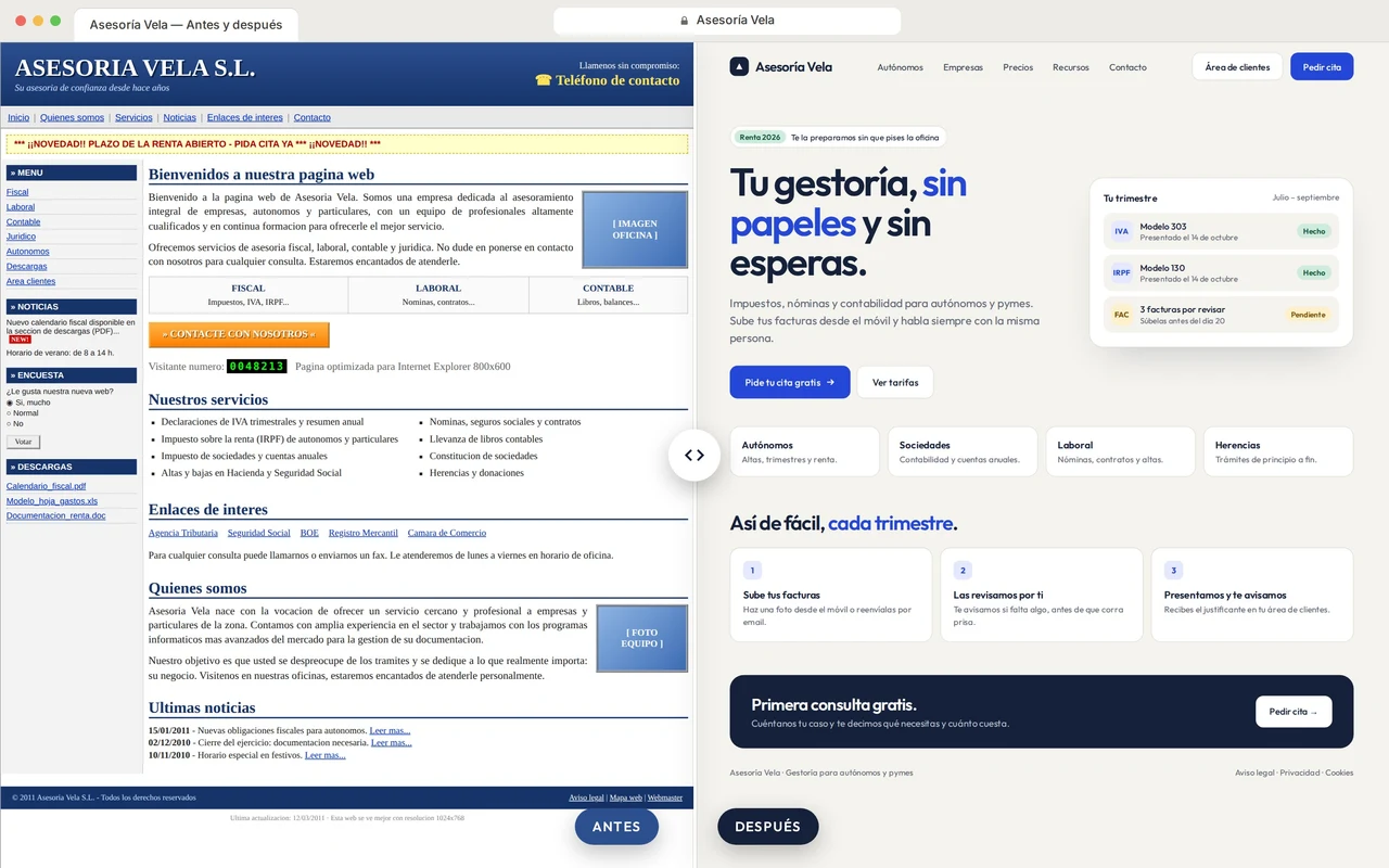 Antes y después del rediseño de la web de una gestoría: a la izquierda la web antigua y a la derecha la nueva