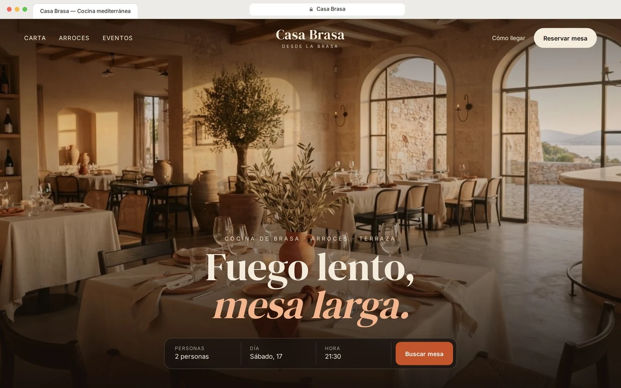 Web de ejemplo para un restaurante, con foto del comedor y buscador de mesa
