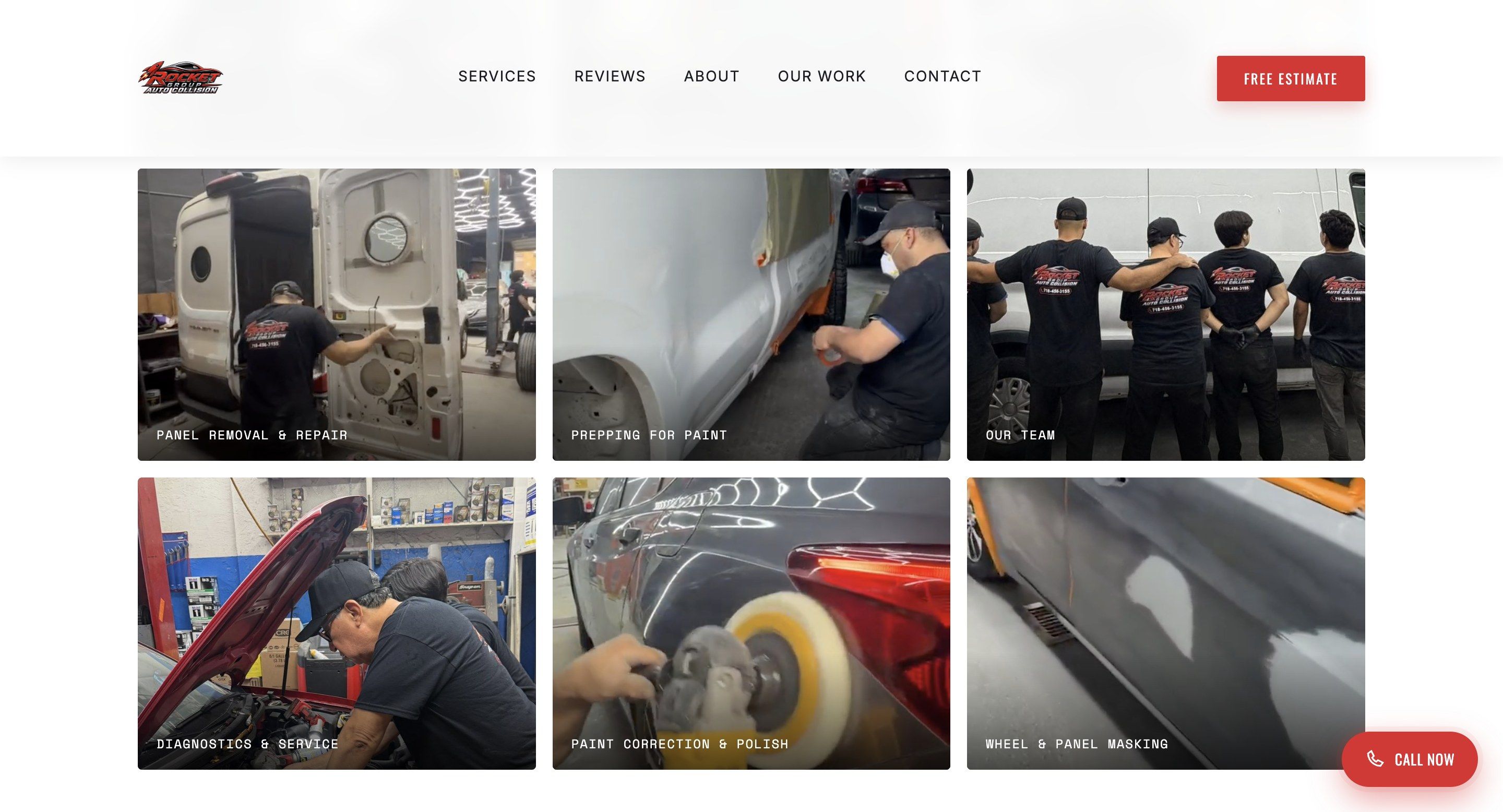 Galería de la web de Rocket Auto Center con seis fotos del taller: reparación de paneles, preparación para pintura, el equipo, diagnóstico, pulido y enmascarado