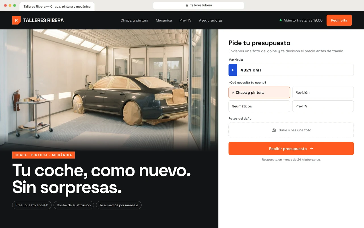 Web de ejemplo para un taller de chapa y pintura, con formulario para pedir presupuesto con foto