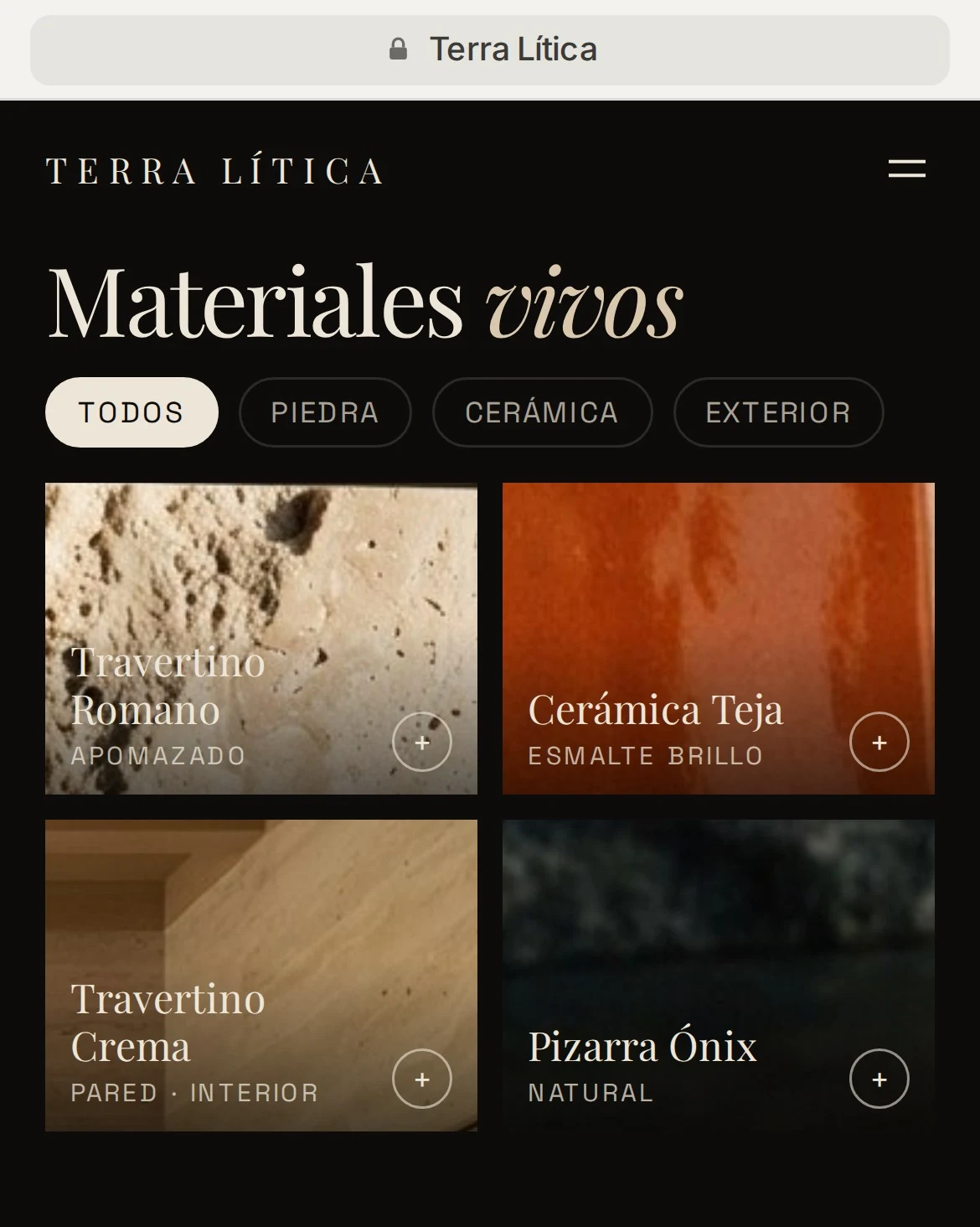 Página de colección de la misma marca en el móvil, con tarjetas de materiales
