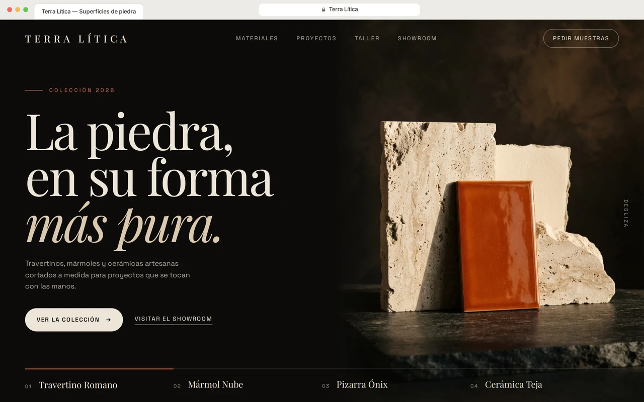 Web premium de ejemplo, oscura y con tipografía grande, para una marca de piedra natural