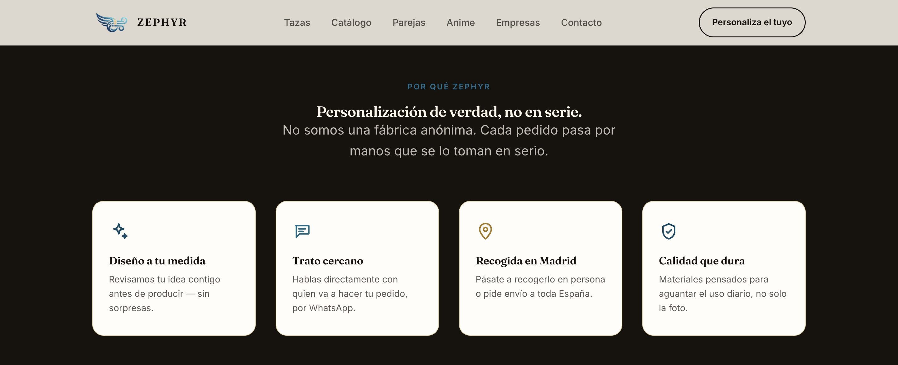 Sección de la web de Zephyr con cuatro tarjetas: diseño a tu medida, trato cercano, recogida en Madrid y calidad que dura